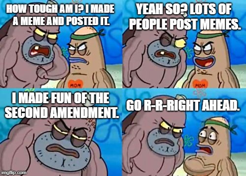 Welcome to the salty spittoon.  | YEAH SO? LOTS OF PEOPLE POST MEMES. HOW TOUGH AM I? I MADE A MEME AND POSTED IT. I MADE FUN OF THE SECOND AMENDMENT. GO R-R-RIGHT AHEAD. | image tagged in memes,how tough are you | made w/ Imgflip meme maker