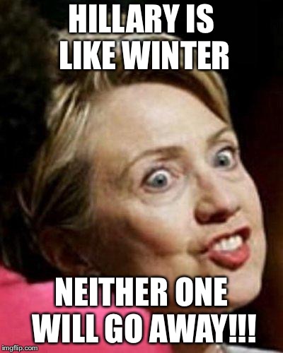 Hillary Clinton Fish | HILLARY IS LIKE WINTER; NEITHER ONE WILL GO AWAY!!! | image tagged in hillary clinton fish | made w/ Imgflip meme maker