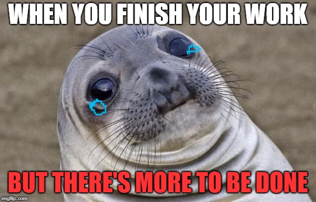 Awkward Moment Sealion Meme | WHEN YOU FINISH YOUR WORK; BUT THERE'S MORE TO BE DONE | image tagged in memes,awkward moment sealion | made w/ Imgflip meme maker
