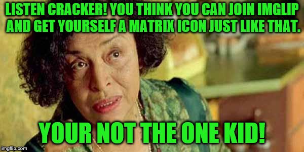 IMGFL-IX Earn that Icon!! | LISTEN CRACKER! YOU THINK YOU CAN JOIN IMGLIP AND GET YOURSELF A MATRIX ICON JUST LIKE THAT. YOUR NOT THE ONE KID! | image tagged in welcome to the matrix,matrix,imgflip users,meanwhile on imgflip,imgflip | made w/ Imgflip meme maker