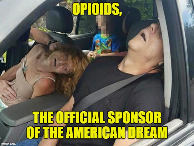 Overdose family | OPIOIDS, THE OFFICIAL SPONSOR OF THE AMERICAN DREAM | image tagged in overdose family | made w/ Imgflip meme maker