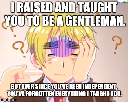 I RAISED AND TAUGHT YOU TO BE A GENTLEMAN. BUT EVER SINCE YOU'VE BEEN INDEPENDENT, YOU'VE FORGOTTEN EVERYTHING I TAUGHT YOU. | made w/ Imgflip meme maker