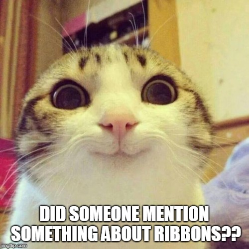 Smiling Cat | DID SOMEONE MENTION SOMETHING ABOUT RIBBONS?? | image tagged in memes,smiling cat,ribbon,happy,ribbon ceremony,cat | made w/ Imgflip meme maker