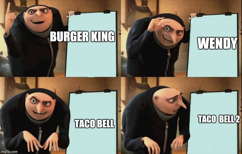 Gru's Plan | BURGER KING; WENDY; TACO  BELL 2; TACO BELL | image tagged in despicable me diabolical plan gru template | made w/ Imgflip meme maker