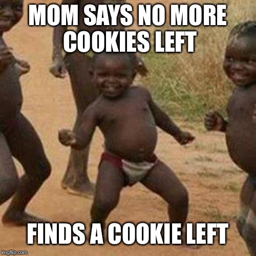 Third World Success Kid Meme | MOM SAYS NO MORE COOKIES LEFT; FINDS A COOKIE LEFT | image tagged in memes,third world success kid | made w/ Imgflip meme maker