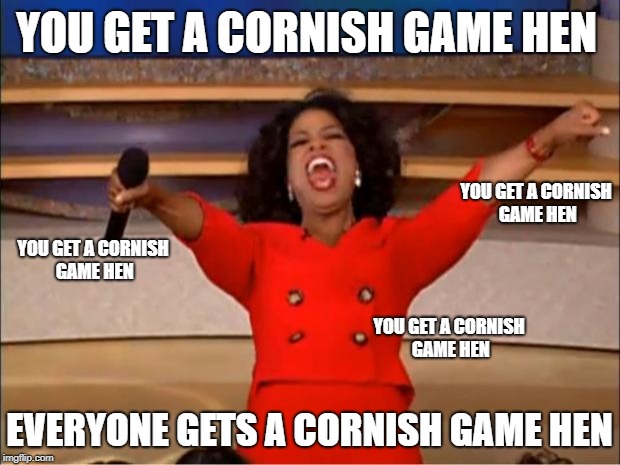 Oprah You Get A Meme | YOU GET A CORNISH GAME HEN; YOU GET A CORNISH GAME HEN; YOU GET A CORNISH GAME HEN; YOU GET A CORNISH GAME HEN; EVERYONE GETS A CORNISH GAME HEN | image tagged in memes,oprah you get a | made w/ Imgflip meme maker