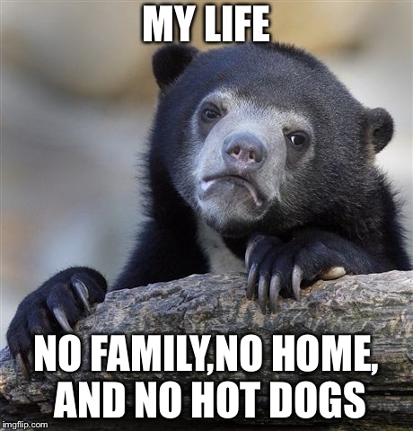 My life | MY LIFE; NO FAMILY,NO HOME, AND NO HOT DOGS | image tagged in memes,confession bear | made w/ Imgflip meme maker