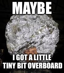 Tinfoil hat | MAYBE; I GOT A LITTLE TINY BIT OVERBOARD | image tagged in tinfoil hat | made w/ Imgflip meme maker