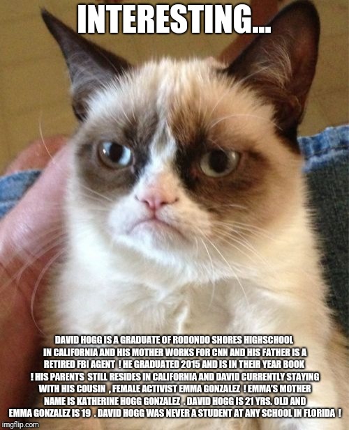 Grumpy Cat | INTERESTING... DAVID HOGG IS A GRADUATE OF RODONDO SHORES HIGHSCHOOL IN CALIFORNIA AND HIS MOTHER WORKS FOR CNN AND HIS FATHER IS A RETIRED FBI AGENT  ! HE GRADUATED 2015 AND IS IN THEIR YEAR BOOK  ! HIS PARENTS  STILL RESIDES IN CALIFORNIA AND DAVID CURRENTLY STAYING WITH HIS COUSIN  , FEMALE ACTIVIST EMMA GONZALEZ  ! EMMA'S MOTHER NAME IS KATHERINE HOGG GONZALEZ  . DAVID HOGG IS 21 YRS. OLD AND EMMA GONZALEZ IS 19  . DAVID HOGG WAS NEVER A STUDENT AT ANY SCHOOL IN FLORIDA  ! | image tagged in memes,grumpy cat | made w/ Imgflip meme maker