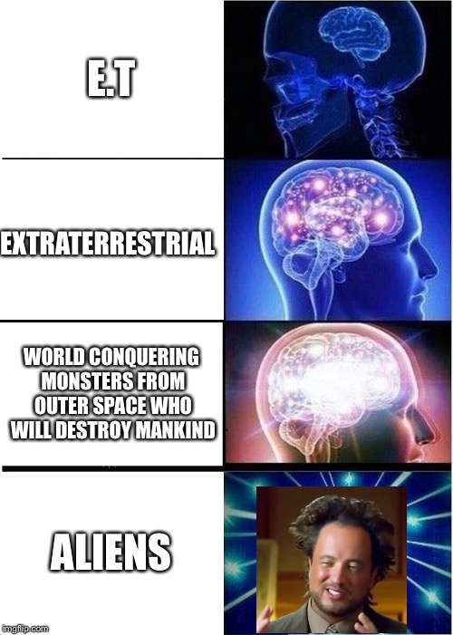 Aliens | E.T; EXTRATERRESTRIAL; WORLD CONQUERING MONSTERS FROM OUTER SPACE WHO WILL DESTROY MANKIND; ALIENS | image tagged in memes,expanding brain | made w/ Imgflip meme maker