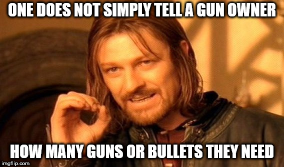 One Does Not Simply Meme | ONE DOES NOT SIMPLY TELL A GUN OWNER; HOW MANY GUNS OR BULLETS THEY NEED | image tagged in memes,one does not simply | made w/ Imgflip meme maker