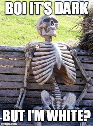 Waiting Skeleton Meme | BOI IT'S DARK; BUT I'M WHITE? | image tagged in memes,waiting skeleton | made w/ Imgflip meme maker