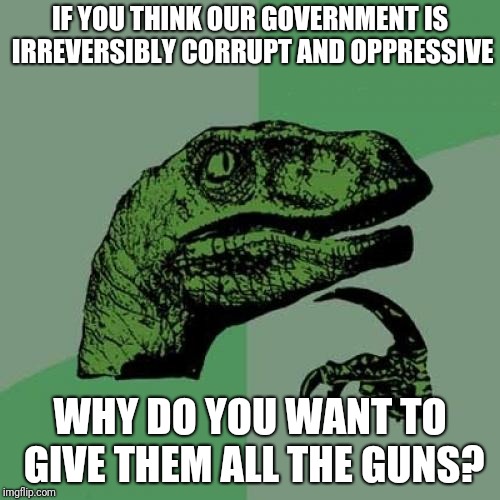 Philosoraptor Meme | IF YOU THINK OUR GOVERNMENT IS IRREVERSIBLY CORRUPT AND OPPRESSIVE; WHY DO YOU WANT TO GIVE THEM ALL THE GUNS? | image tagged in memes,philosoraptor | made w/ Imgflip meme maker