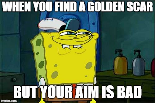 Don't You Squidward Meme | WHEN YOU FIND A GOLDEN SCAR; BUT YOUR AIM IS BAD | image tagged in memes,dont you squidward | made w/ Imgflip meme maker