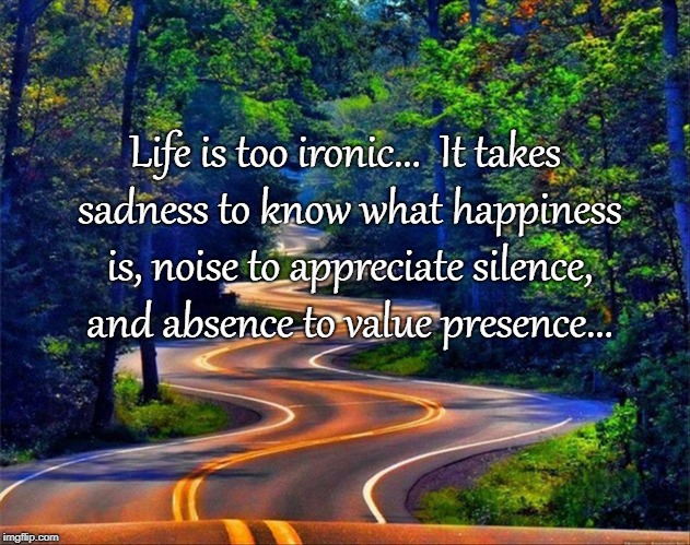 Too Ironic... | Life is too ironic...  It takes sadness to know what happiness is, noise to appreciate silence, and absence to value presence... | image tagged in life,sadness,happiness,noise,silence,absence | made w/ Imgflip meme maker