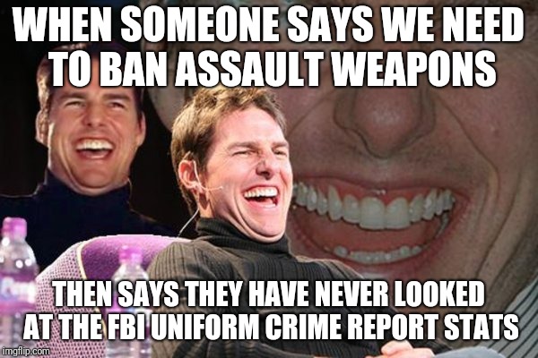 crazy tom | WHEN SOMEONE SAYS WE NEED TO BAN ASSAULT WEAPONS; THEN SAYS THEY HAVE NEVER LOOKED AT THE FBI UNIFORM CRIME REPORT STATS | image tagged in guns | made w/ Imgflip meme maker