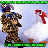 What The Cluck? |  WHY DID THE CHICKEN CROSS THE ROAD? TO GET AWAY FROM THIS SICKO | image tagged in gonzo,chicken,chicken week | made w/ Imgflip meme maker