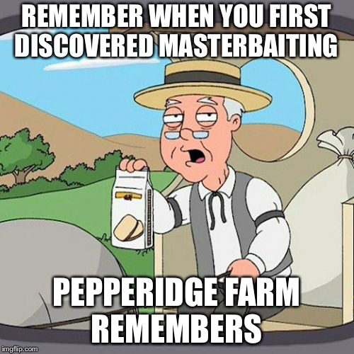 Pepperidge Farm Remembers Meme | REMEMBER WHEN YOU FIRST DISCOVERED MASTERBAITING; PEPPERIDGE FARM REMEMBERS | image tagged in memes,pepperidge farm remembers | made w/ Imgflip meme maker