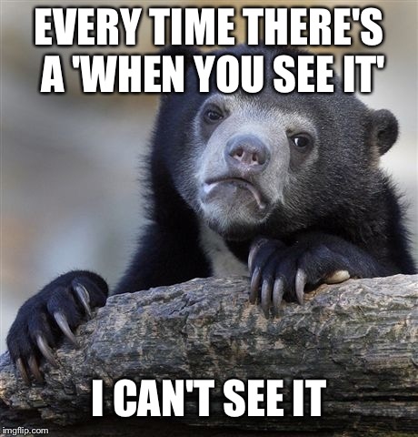 Confession Bear Meme | EVERY TIME THERE'S A 'WHEN YOU SEE IT' I CAN'T SEE IT | image tagged in memes,confession bear | made w/ Imgflip meme maker