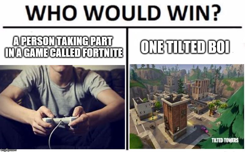 lol | A PERSON TAKING PART IN A GAME CALLED FORTNITE; ONE TILTED BOI | image tagged in who would win | made w/ Imgflip meme maker