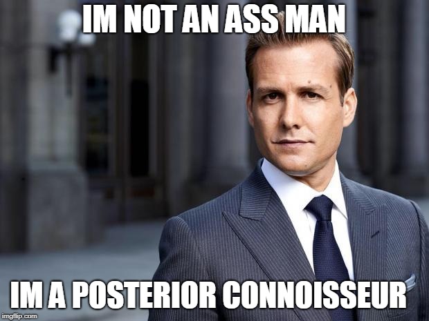 Harvey from Suits  | IM NOT AN ASS MAN; IM A POSTERIOR CONNOISSEUR | image tagged in harvey from suits | made w/ Imgflip meme maker