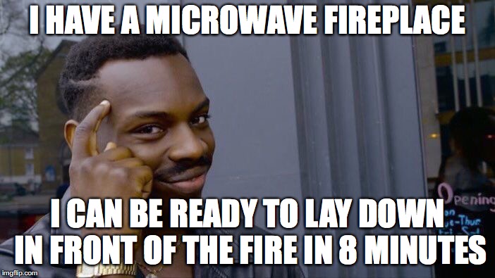 Roll Safe Think About It | I HAVE A MICROWAVE FIREPLACE; I CAN BE READY TO LAY DOWN IN FRONT OF THE FIRE IN 8 MINUTES | image tagged in memes,roll safe think about it | made w/ Imgflip meme maker