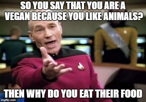 just a joke  | SO YOU SAY THAT YOU ARE A VEGAN BECAUSE YOU LIKE ANIMALS? THEN WHY DO YOU EAT THEIR FOOD | image tagged in memes,picard wtf | made w/ Imgflip meme maker