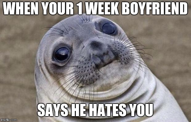 Awkward Moment Sealion Meme | WHEN YOUR 1 WEEK BOYFRIEND; SAYS HE HATES YOU | image tagged in memes,awkward moment sealion | made w/ Imgflip meme maker