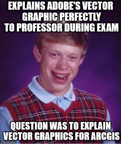 Bad Luck Brian Meme | EXPLAINS ADOBE'S VECTOR GRAPHIC PERFECTLY TO PROFESSOR DURING EXAM; QUESTION WAS TO EXPLAIN VECTOR GRAPHICS FOR ARCGIS | image tagged in memes,bad luck brian | made w/ Imgflip meme maker