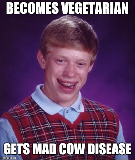 Bad Luck Brian Meme | BECOMES VEGETARIAN GETS MAD COW DISEASE | image tagged in memes,bad luck brian | made w/ Imgflip meme maker