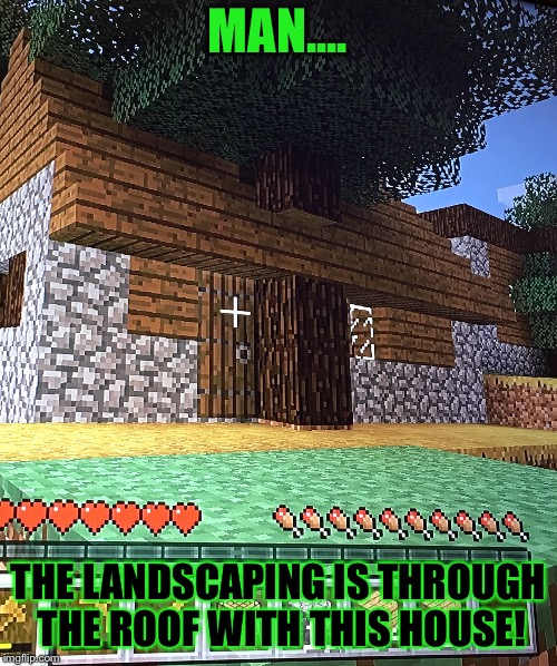 Minecraft House  | MAN.... THE LANDSCAPING IS THROUGH THE ROOF WITH THIS HOUSE! | image tagged in minecraft,house,tree | made w/ Imgflip meme maker