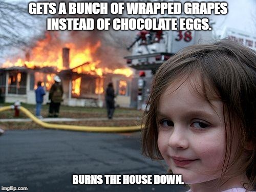 Disaster Girl | GETS A BUNCH OF WRAPPED GRAPES INSTEAD OF CHOCOLATE EGGS. BURNS THE HOUSE DOWN. | image tagged in memes,disaster girl | made w/ Imgflip meme maker