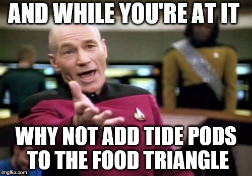 Picard Wtf Meme | AND WHILE YOU'RE AT IT WHY NOT ADD TIDE PODS TO THE FOOD TRIANGLE | image tagged in memes,picard wtf | made w/ Imgflip meme maker
