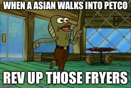 rev up those fryers | WHEN A ASIAN WALKS INTO PETCO; REV UP THOSE FRYERS | image tagged in rev up those fryers | made w/ Imgflip meme maker