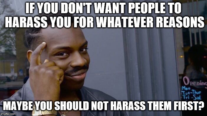 Harassing others is NOT ok!! Unless they do and preach something really retarded. Then by all means go for it!  | IF YOU DON'T WANT PEOPLE TO HARASS YOU FOR WHATEVER REASONS; MAYBE YOU SHOULD NOT HARASS THEM FIRST? | image tagged in memes,roll safe think about it | made w/ Imgflip meme maker
