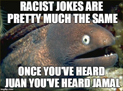 Bad Joke Eel | RACIST JOKES ARE PRETTY MUCH THE SAME; ONCE YOU'VE HEARD JUAN YOU'VE HEARD JAMAL | image tagged in memes,bad joke eel | made w/ Imgflip meme maker