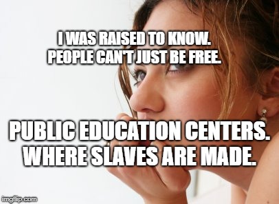 Thinking woman |  I WAS RAISED TO KNOW. PEOPLE CAN'T JUST BE FREE. PUBLIC EDUCATION CENTERS. WHERE SLAVES ARE MADE. | image tagged in thinking woman | made w/ Imgflip meme maker