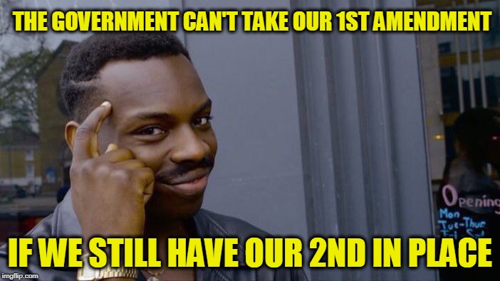 Roll Safe Think About It Meme | THE GOVERNMENT CAN'T TAKE OUR 1ST AMENDMENT; IF WE STILL HAVE OUR 2ND IN PLACE | image tagged in memes,roll safe think about it | made w/ Imgflip meme maker