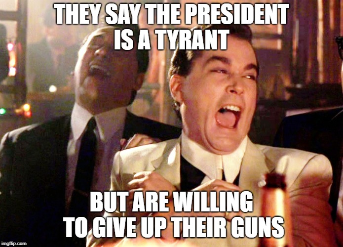 Good Fellas Hilarious |  THEY SAY THE PRESIDENT IS A TYRANT; BUT ARE WILLING TO GIVE UP THEIR GUNS | image tagged in memes,good fellas hilarious | made w/ Imgflip meme maker
