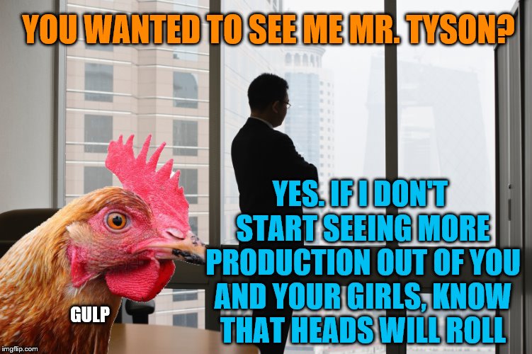 Some things can mean different things, depending on your corporate culture. Happy Chicken Week! | YOU WANTED TO SEE ME MR. TYSON? YES. IF I DON'T START SEEING MORE PRODUCTION OUT OF YOU AND YOUR GIRLS, KNOW THAT HEADS WILL ROLL; GULP | image tagged in memes,chicken week,tyson foods | made w/ Imgflip meme maker