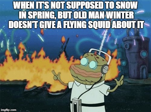 spongebob music | WHEN IT'S NOT SUPPOSED TO SNOW IN SPRING, BUT OLD MAN WINTER DOESN'T GIVE A FLYING SQUID ABOUT IT | image tagged in spongebob music | made w/ Imgflip meme maker
