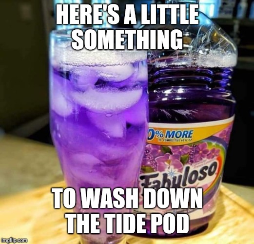 Fabuloso Fear Factor | HERE'S A LITTLE SOMETHING; TO WASH DOWN THE TIDE POD | image tagged in tide pod challenge,dumbass,fabulous | made w/ Imgflip meme maker