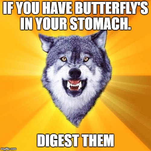 Courage Wolf Meme | IF YOU HAVE BUTTERFLY'S IN YOUR STOMACH. DIGEST THEM | image tagged in memes,courage wolf | made w/ Imgflip meme maker
