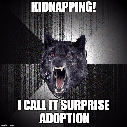 Insanity Wolf | KIDNAPPING! I CALL IT SURPRISE ADOPTION | image tagged in memes,insanity wolf | made w/ Imgflip meme maker