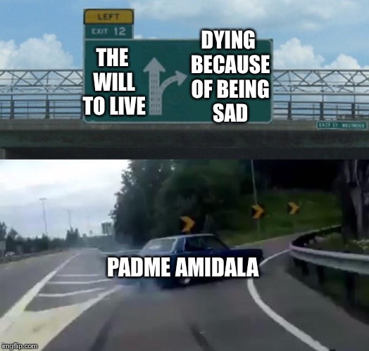 Padme’s Death | DYING BECAUSE OF BEING SAD; THE WILL TO LIVE; PADME AMIDALA | image tagged in memes,left exit 12 off ramp | made w/ Imgflip meme maker
