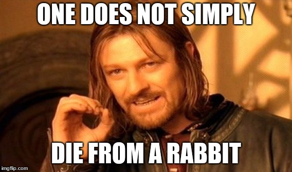 One Does Not Simply Meme | ONE DOES NOT SIMPLY DIE FROM A RABBIT | image tagged in memes,one does not simply | made w/ Imgflip meme maker