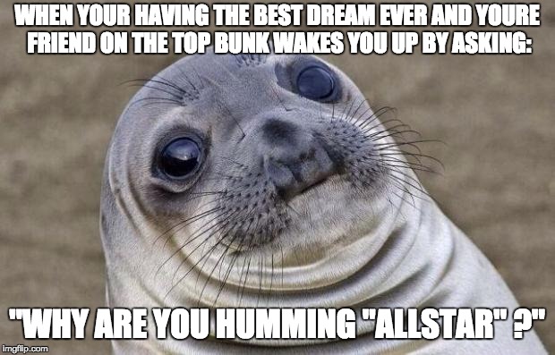 me irl: | WHEN YOUR HAVING THE BEST DREAM EVER AND YOURE FRIEND ON THE TOP BUNK WAKES YOU UP BY ASKING:; "WHY ARE YOU HUMMING "ALLSTAR" ?" | image tagged in memes,awkward moment sealion | made w/ Imgflip meme maker
