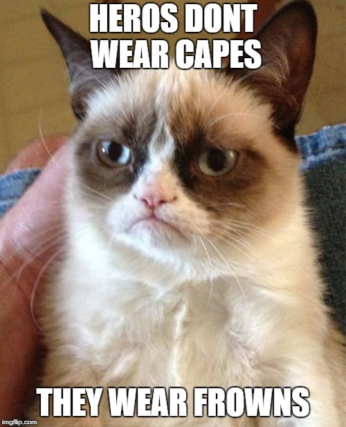 Grumpy Cat | HEROS DONT WEAR CAPES; THEY WEAR FROWNS | image tagged in memes,grumpy cat | made w/ Imgflip meme maker
