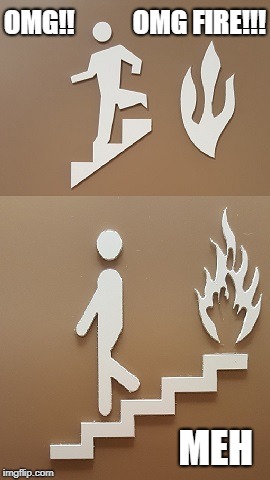 Various Reactions to Fires | OMG!!           OMG FIRE!!! MEH | image tagged in fire escape,omg fire,fire,signs | made w/ Imgflip meme maker
