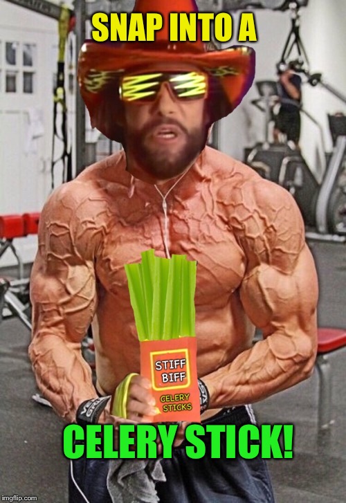 Randy “Macho Man” Savage’s little known dark descent into Veganism | SNAP INTO A; CELERY STICK! | image tagged in macho man randy savage,veganism,insane,darkness,funny memes | made w/ Imgflip meme maker